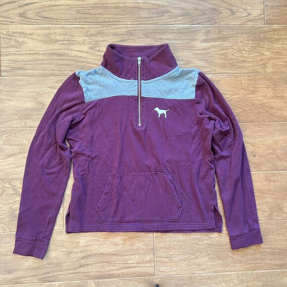 PINK Victoria's Secret Half Zip Sweatshirt Size M Burgundy/Gray Colorblock Dog - Picture 1 of 8